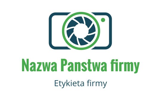 Nowoczesny projekt logo aparatu z zielonym obiektywem i niebieskimi akcentami