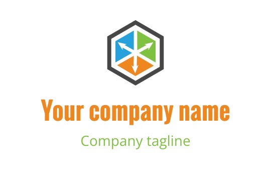 Sześciokątne logo z kolorowymi strzałkami i wyraźną typografią