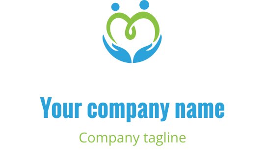 Logo z motywem rąk i serca w zieleni i niebieskim