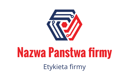 Nowoczesny projekt logo w kształcie heksagonu z czerwonymi i niebieskimi wzorami obwodów
