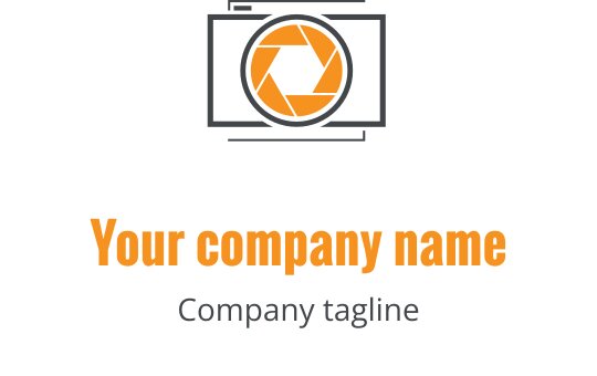 Nowoczesny projekt logo z szarym obiektywem aparatu i pomarańczowymi akcentami