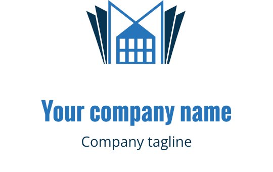 Nowoczesne niebieskie logo z stylizowanym budynkiem i kątowymi akcentami