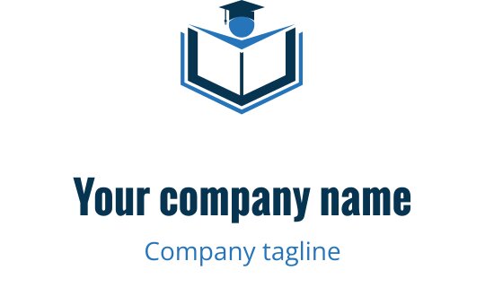 Nowoczesne niebieskie logo z otwartą książką i czapką absolwenta