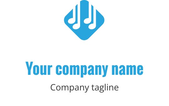 Kreatywne niebieskie logo z stylizowanymi falami dźwiękowymi i nutami muzycznymi