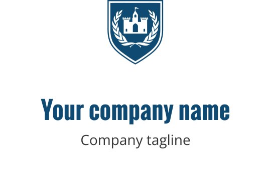 Logo tarczy z zamkiem i liśćmi laurowymi w kolorze niebieskim