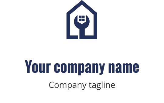 Odważne granatowe logo z stylizowanym domem i narzędziami