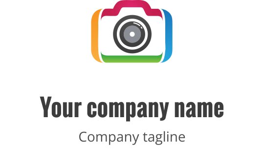 Minimalistyczny projekt logo aparatu z zielonymi i pomarańczowymi akcentami