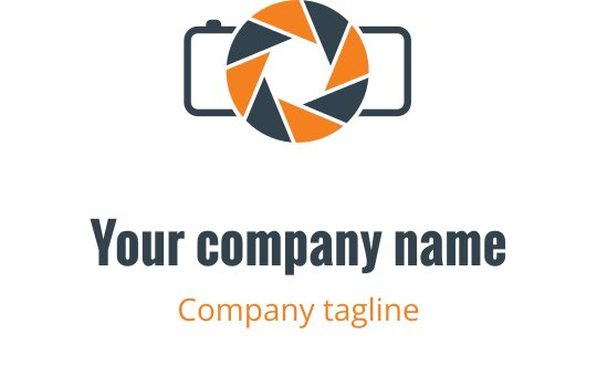 Minimalistyczny projekt logo z zielonym i pomarańczowym konturem aparatu
