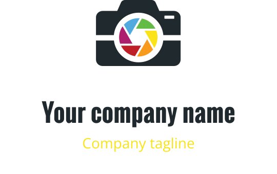 Minimalistyczny projekt logo aparatu z czerwonymi, fioletowymi, niebieskimi i złotymi elementami