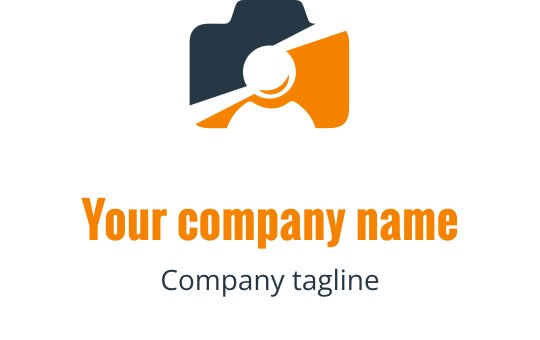 Minimalistyczne logo w kolorze granatowym i pomarańczowym z stylizowanym aparatem