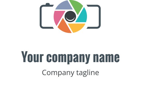Minimalistyczny projekt logo aparatu w złotym, koralowym, różowym i cyjanowym