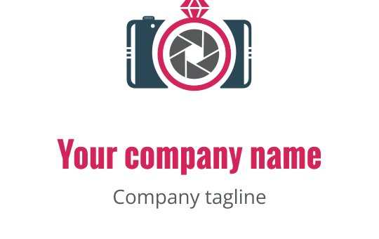 Kreatywne logo z turkusową kamerą, czerwonymi akcentami i szarymi detalami
