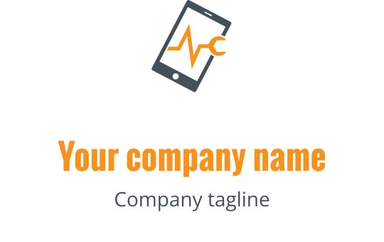 Nowoczesny projekt logo z smartfonem i linią tętna w pomarańczowym i szarym