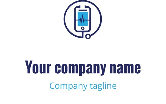 Nowoczesny projekt logo z smartfonem i linią tętna w kolorze niebieskim