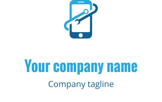 Zielono-niebieskie logo z stylizowanym urządzeniem mobilnym i narzędziami naprawczymi