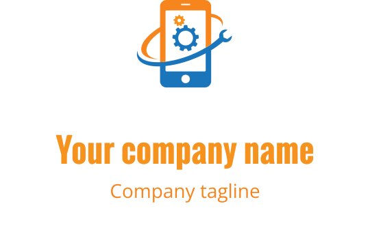 Logo w kolorze turkusowym i pomarańczowym z stylizowanym urządzeniem mobilnym i narzędziami naprawczymi