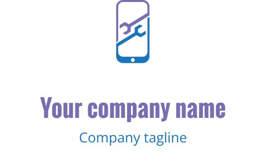 Zielono-niebieskie logo z stylizowanym urządzeniem mobilnym i narzędziami naprawczymi
