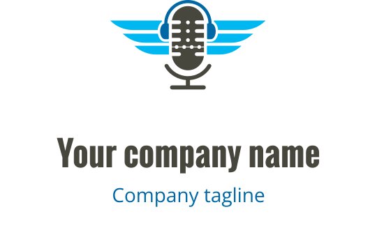 Nowoczesne logo mikrofonu z niebieskimi skrzydłami i wyraźnym tekstem