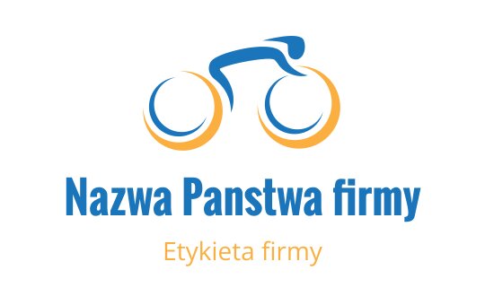 Dynamiczny projekt logo rowerzysty z niebieskimi i pomarańczowymi okrągłymi kołami