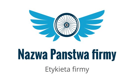 Logo z skrzydlatym kołem w niebieskim z wyraźną typografią