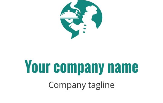 Logo szefa kuchni w kształcie sylwetki z tacą w kolorze turkusowym i czarnym