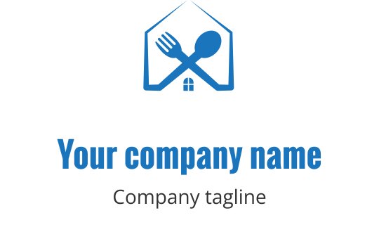 Nowoczesne logo domu w kolorze niebieskim z krzyżującymi się widelcem i łyżką