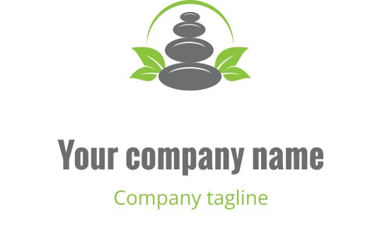 Zrównoważone logo z kamieniami, zielonymi liśćmi i zakrzywioną linią