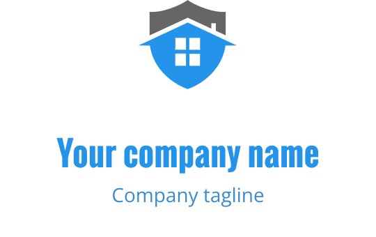 Logo w kształcie tarczy z niebieską sylwetką domu i wyraźnym tekstem