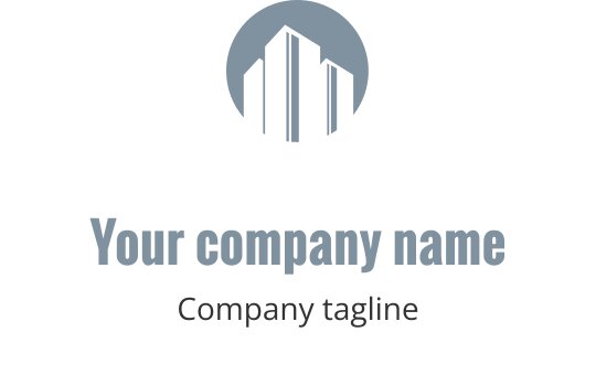 Zielono-niebieskie logo z sylwetką nowoczesnego budynku