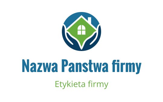 Nowoczesny projekt logo przedstawiający dom trzymany przez dwie ręce w niebieskim i zielonym