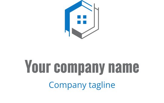 Nowoczesny projekt logo w kształcie heksagonu z konturem domu i niebieskimi akcentami