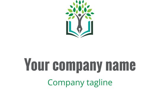Nowoczesny projekt logo z stylizowanymi postaciami i otwartą książką w odcieniach turkusu i zieleni