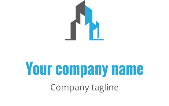 Minimalistyczne logo w odcieniach szaro-niebieskich z stylizowanym zarysem budynku